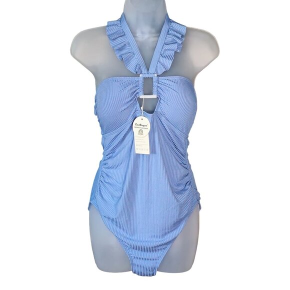 EastElegant Maternity One-Piece Blue Ruffled Halter Swimsuit LG Ribbed Texture - Picture 1 of 8
